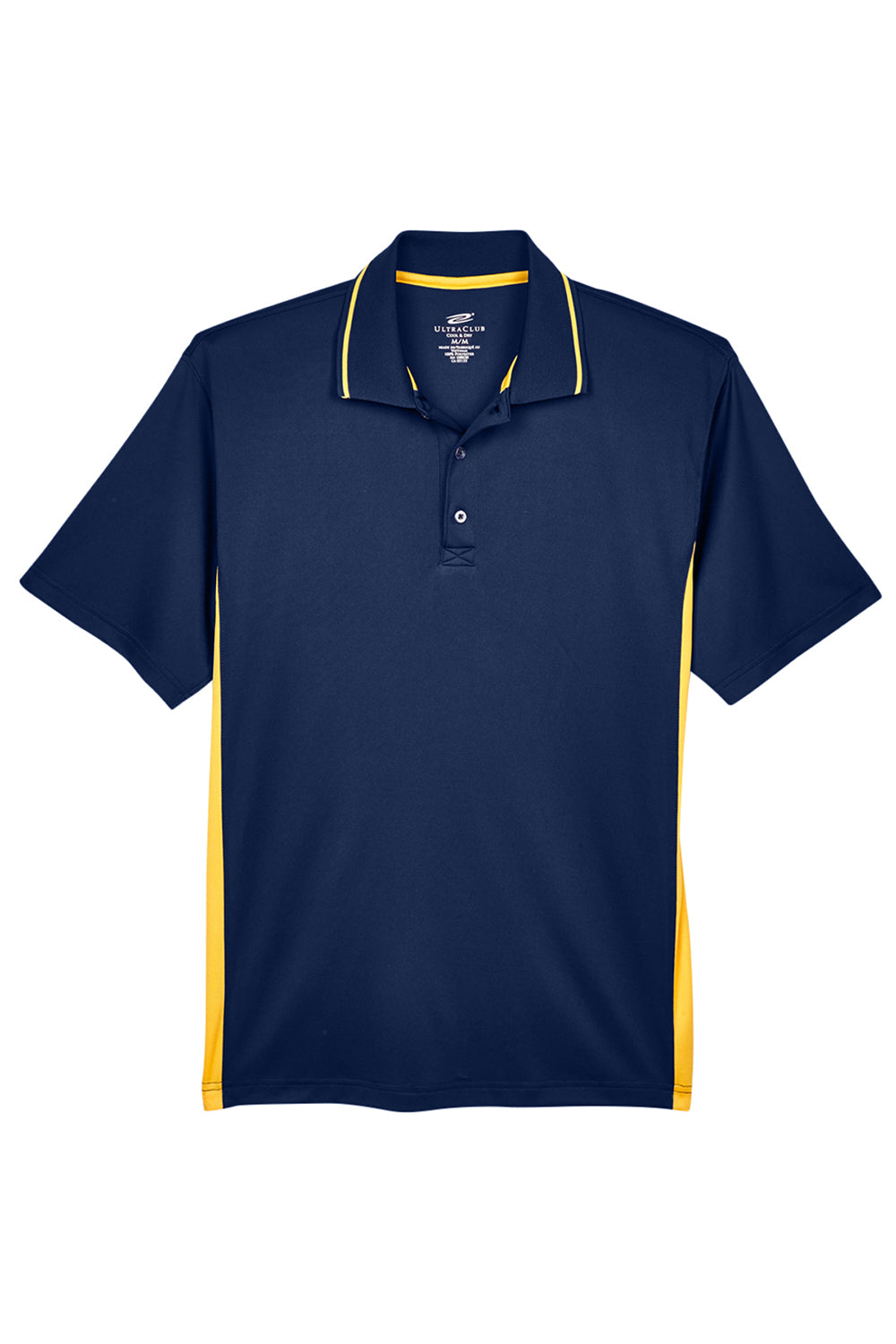 UltraClub 8406 Mens Cool & Dry Moisture Wicking Short Sleeve Polo Shirt Navy Blue/Gold Flat Front