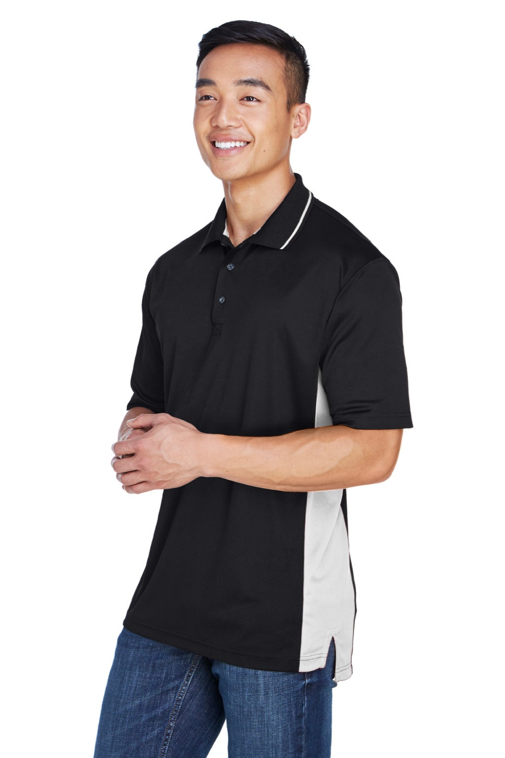 UltraClub 8406 Mens Cool & Dry Moisture Wicking Short Sleeve Polo Shirt Black/Stone Grey Model 3q