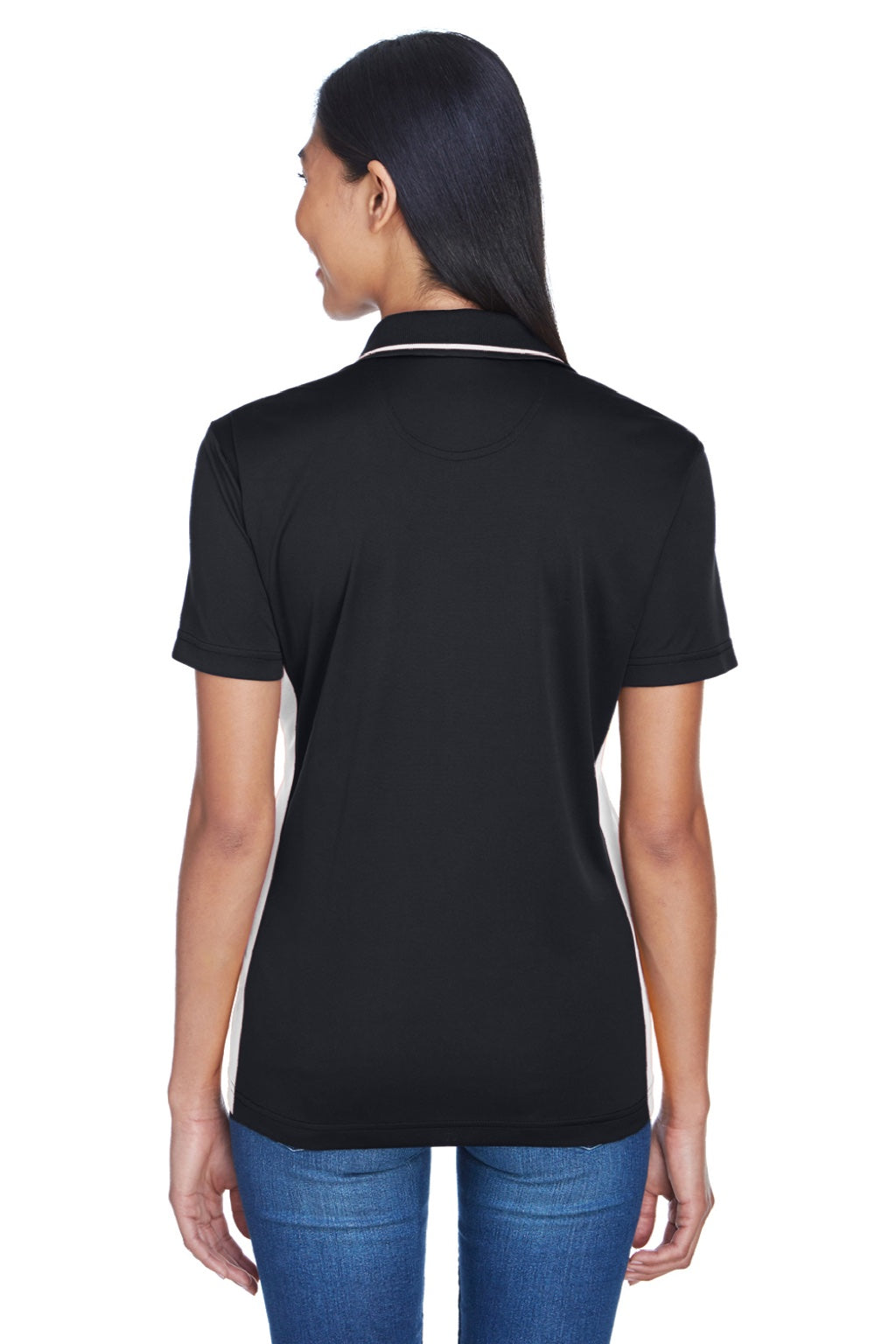UltraClub 8406L Womens Cool & Dry Moisture Wicking Short Sleeve Polo Shirt Black/Stone Grey Model Back