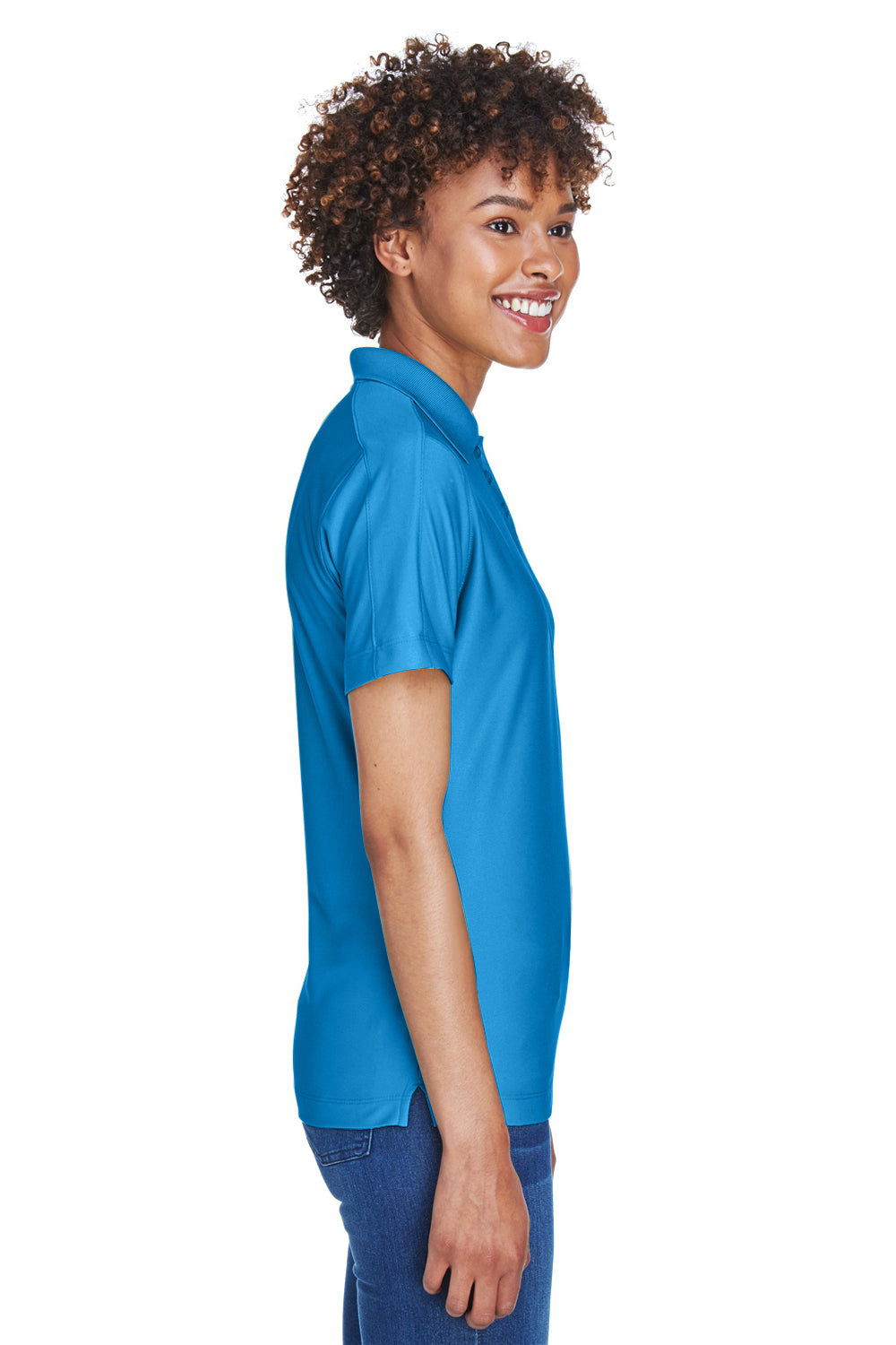 UltraClub 8414 Womens Cool & Dry Elite Performance Moisture Wicking Short Sleeve Polo Shirt Pacific Blue Model Side