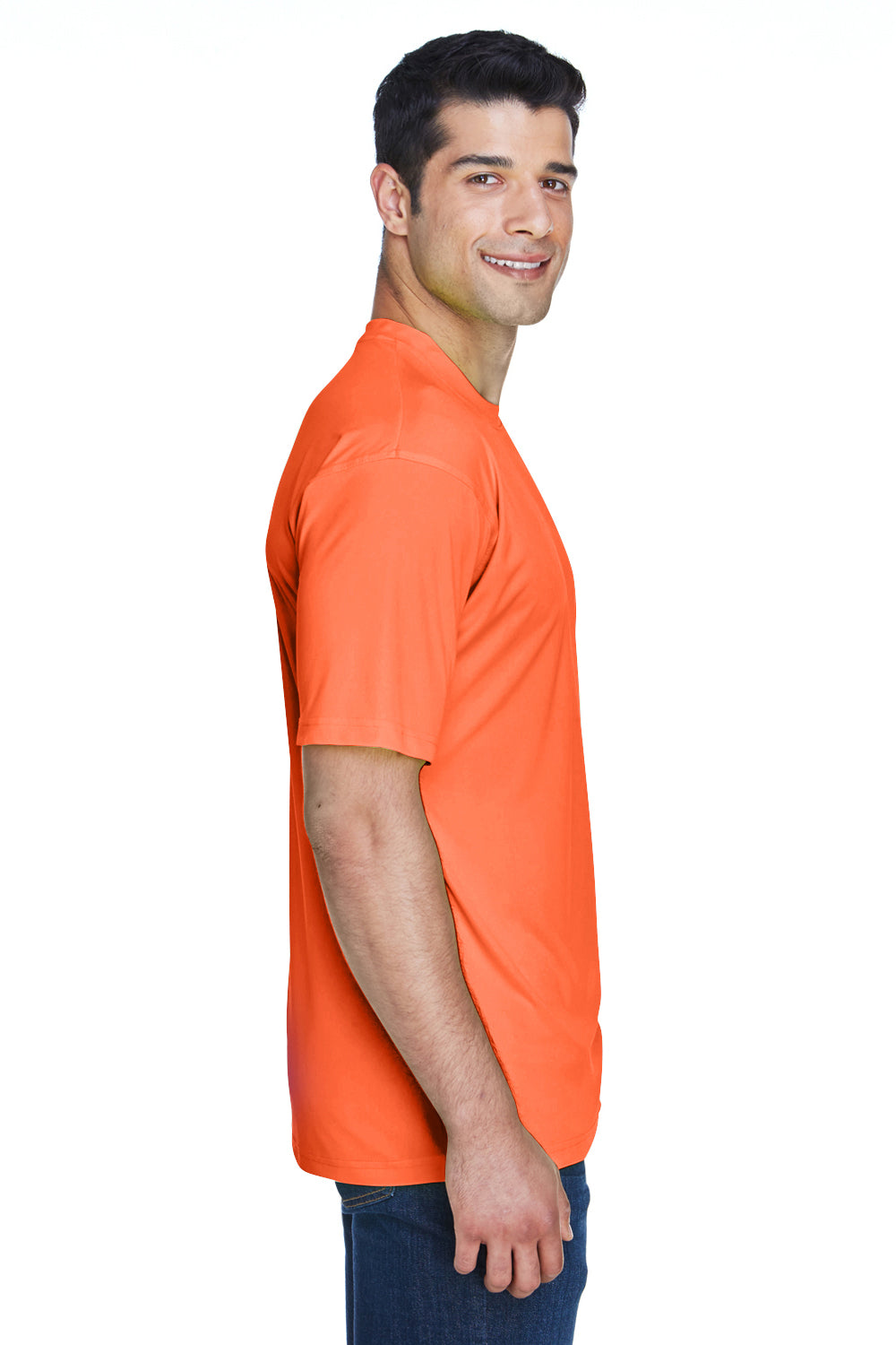 UltraClub 8420 Mens Cool & Dry Performance Moisture Wicking Short Sleeve Crewneck T-Shirt Bright Orange Model Side