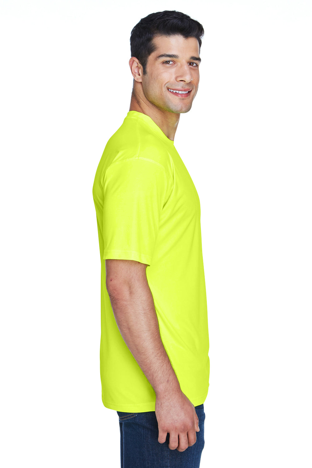 UltraClub 8420 Mens Cool & Dry Performance Moisture Wicking Short Sleeve Crewneck T-Shirt Bright Yellow Model Side