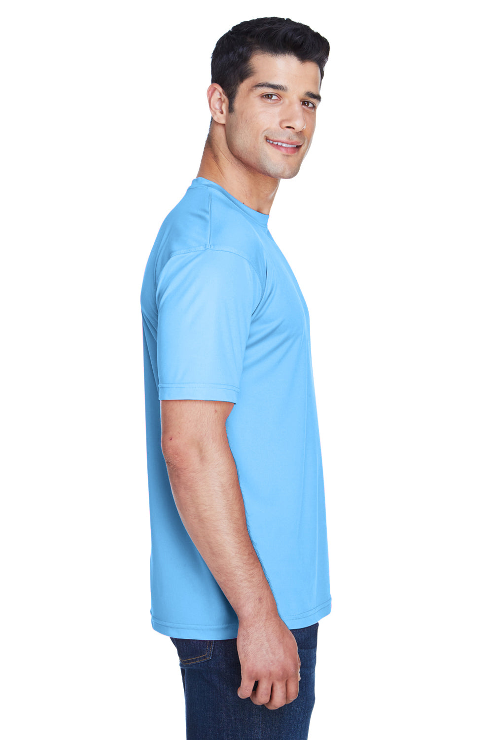 UltraClub 8420 Mens Cool & Dry Performance Moisture Wicking Short Sleeve Crewneck T-Shirt Columbia Blue Model Side