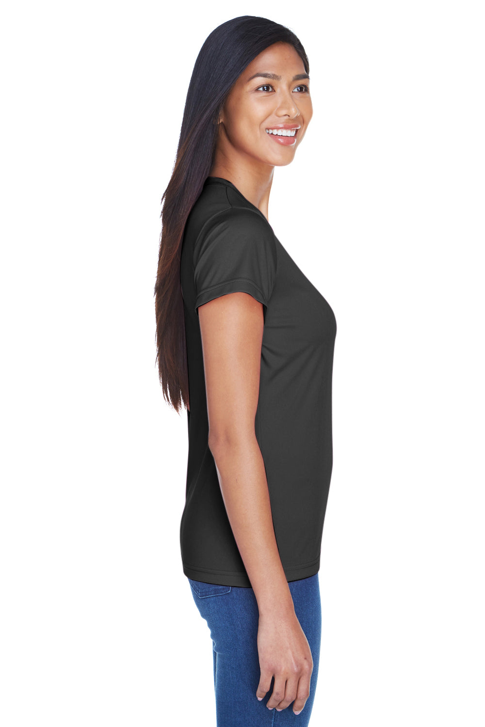 UltraClub 8420L Womens Cool & Dry Performance Moisture Wicking Short Sleeve Crewneck T-Shirt Black Model Side