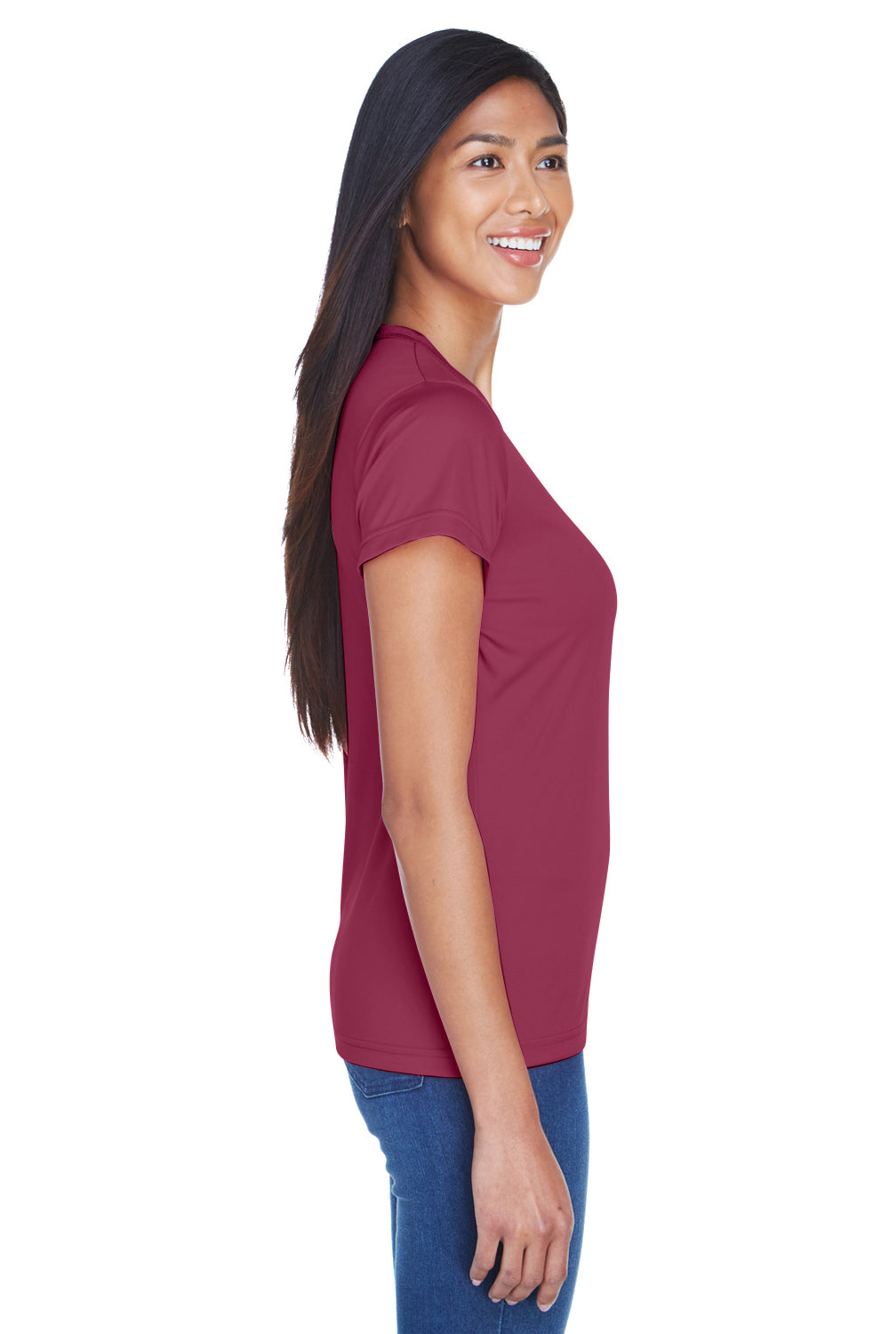 UltraClub 8420L Womens Cool & Dry Performance Moisture Wicking Short Sleeve Crewneck T-Shirt Maroon Model Side