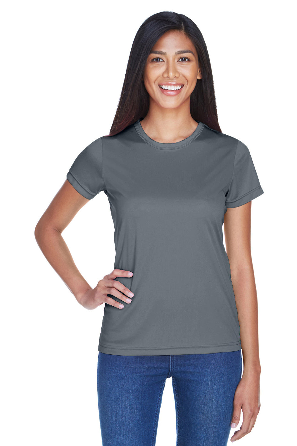 UltraClub 8420L Womens Cool & Dry Performance Moisture Wicking Short Sleeve Crewneck T-Shirt Charcoal Grey Model Front