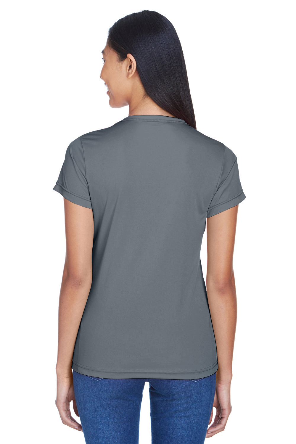 UltraClub 8420L Womens Cool & Dry Performance Moisture Wicking Short Sleeve Crewneck T-Shirt Charcoal Grey Model Back