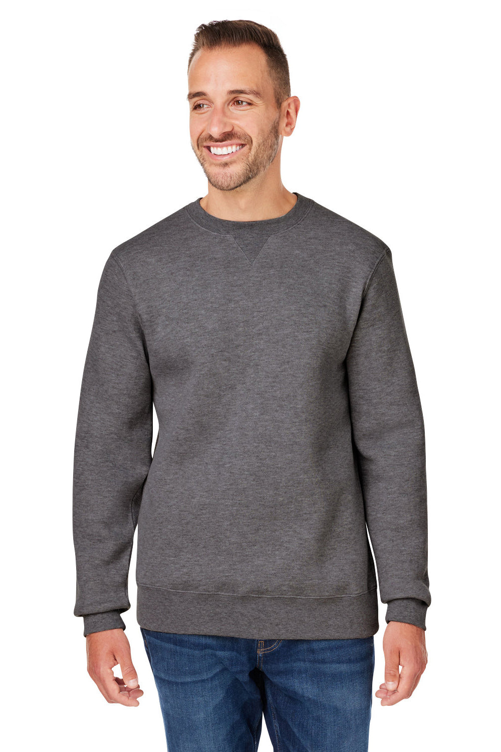 J America 8424JA Mens Premium Fleece Crewneck Sweatshirt Heather Charcoal Grey Model Front