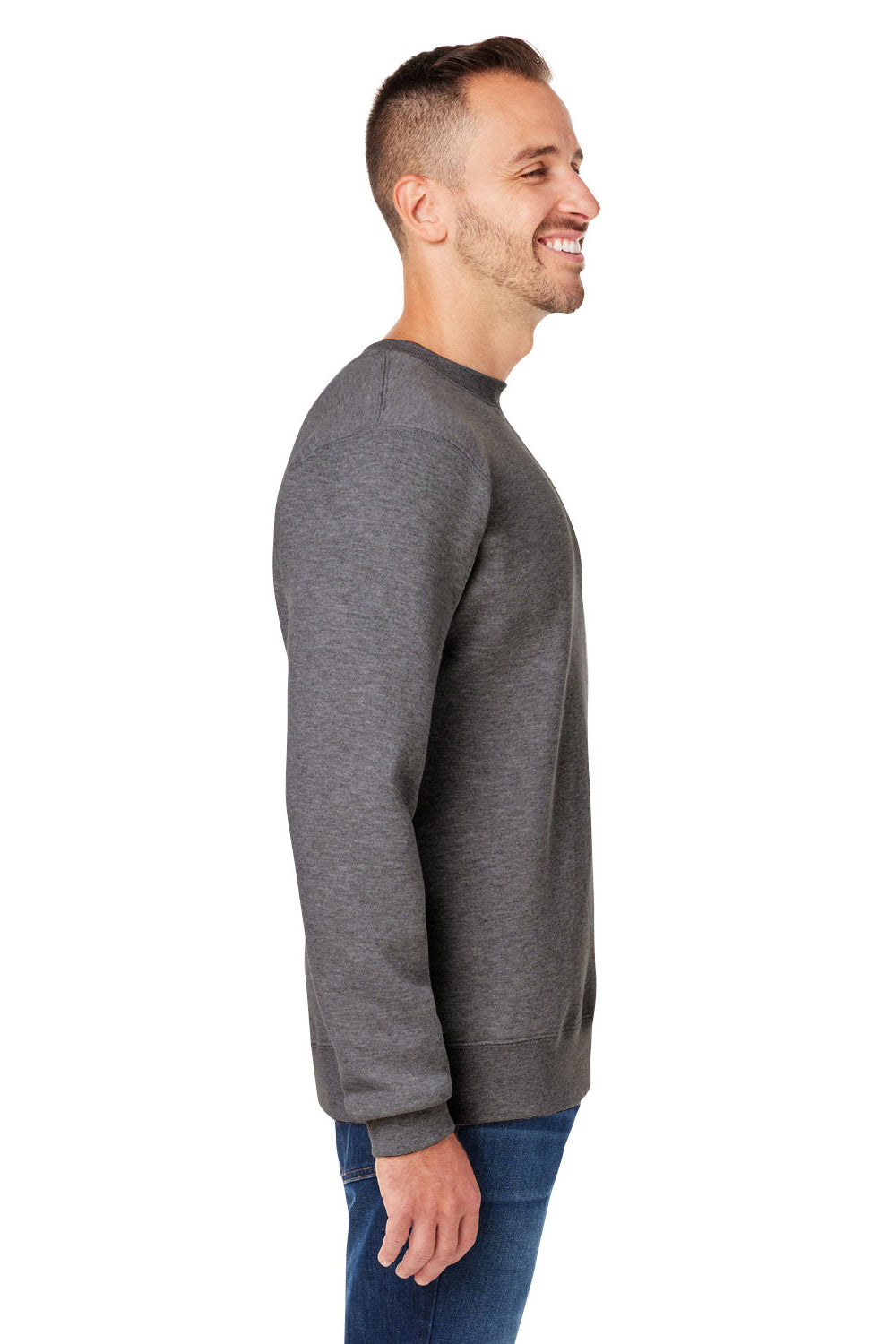 J America 8424JA Mens Premium Fleece Crewneck Sweatshirt Heather Charcoal Grey Model Side