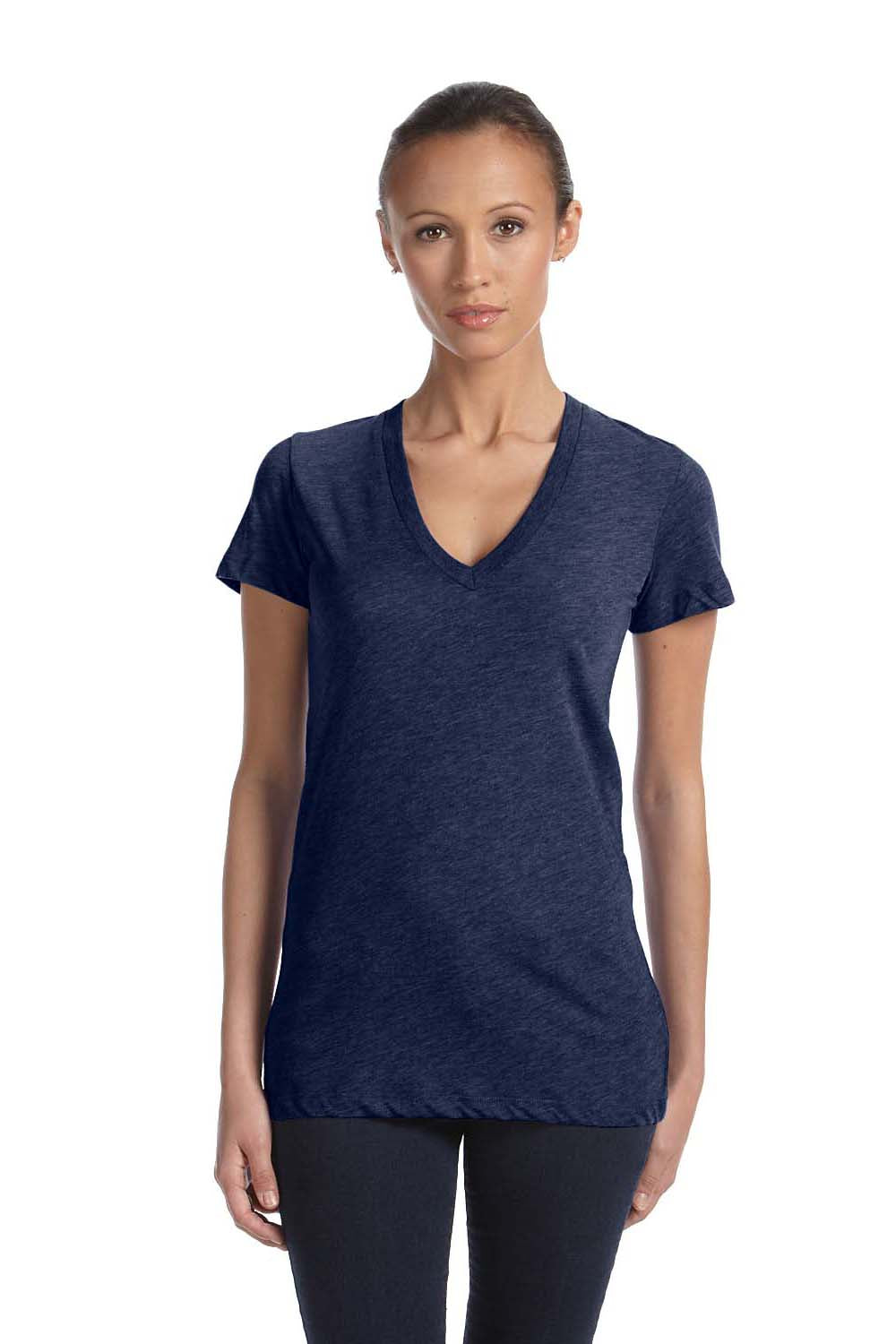 Bella + Canvas 8435 Womens Short Sleeve Deep V-Neck T-Shirt Navy Blue Model Front