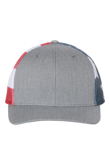 Richardson Hats 112PM Mens Printed Mesh Snapback Trucker Hat Heather Grey/Stars & Stripes Flat Front