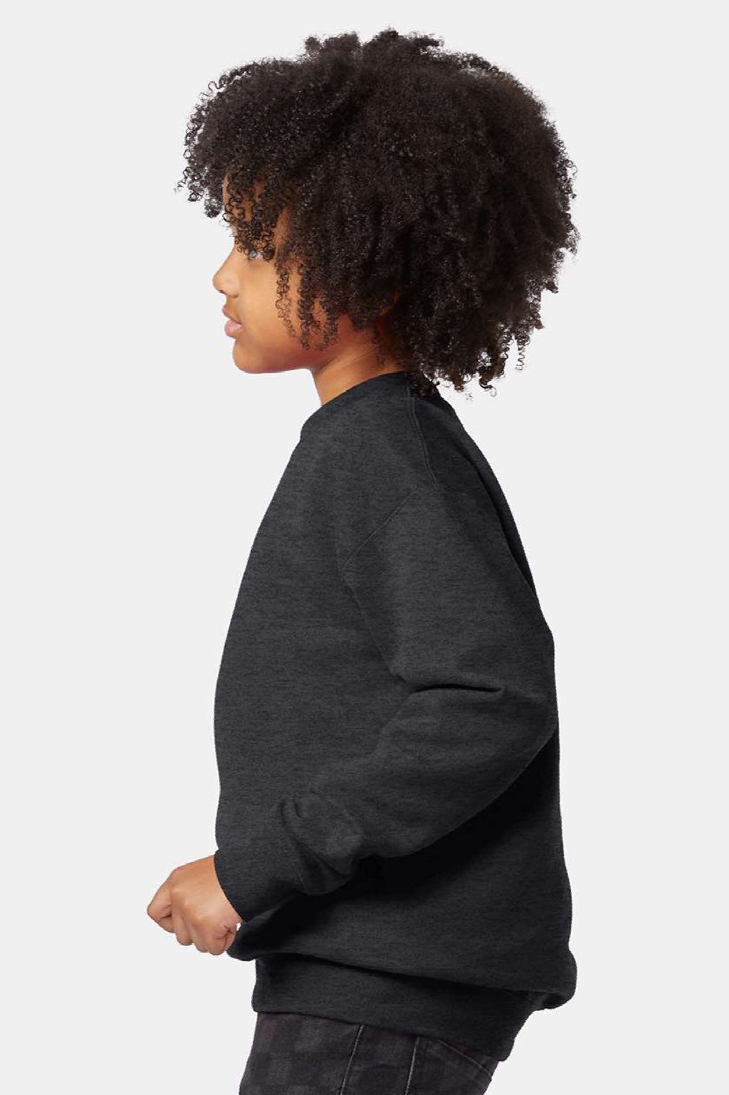 Hanes P360 Youth Ecosmart Pill Resistant Crewneck Sweatshirt Heather Charcoal Grey Model Side