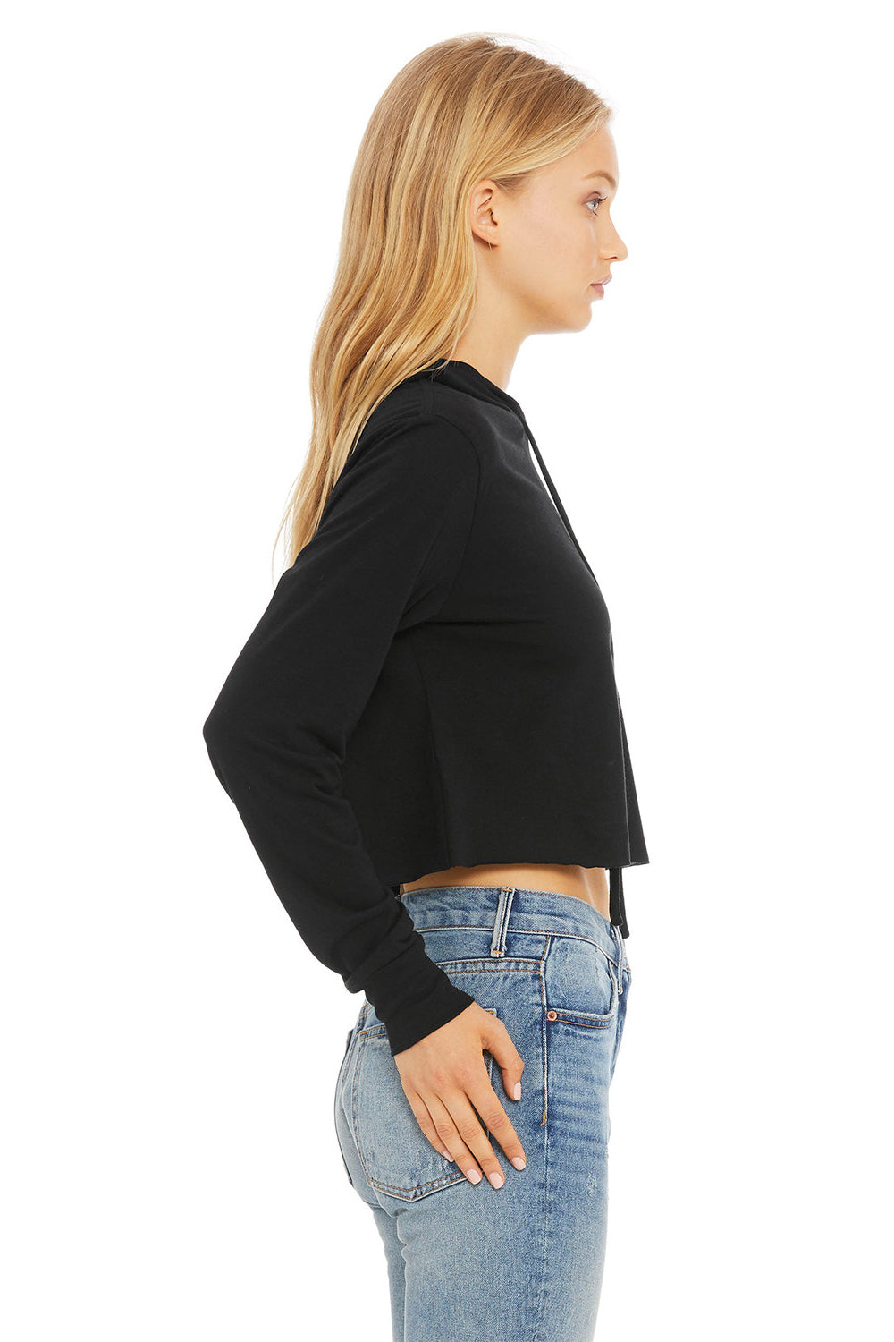 Bella + Canvas 8512 Womens Crop Long Sleeve Hooded Sweatshirt Hoodie Solid Black Model Side
