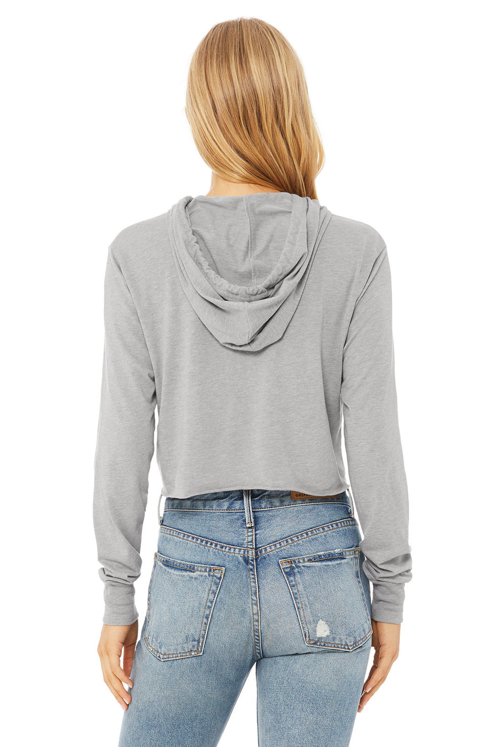 Bella + Canvas 8512 Womens Crop Long Sleeve Hooded Sweatshirt Hoodie Athletic Grey Model Back