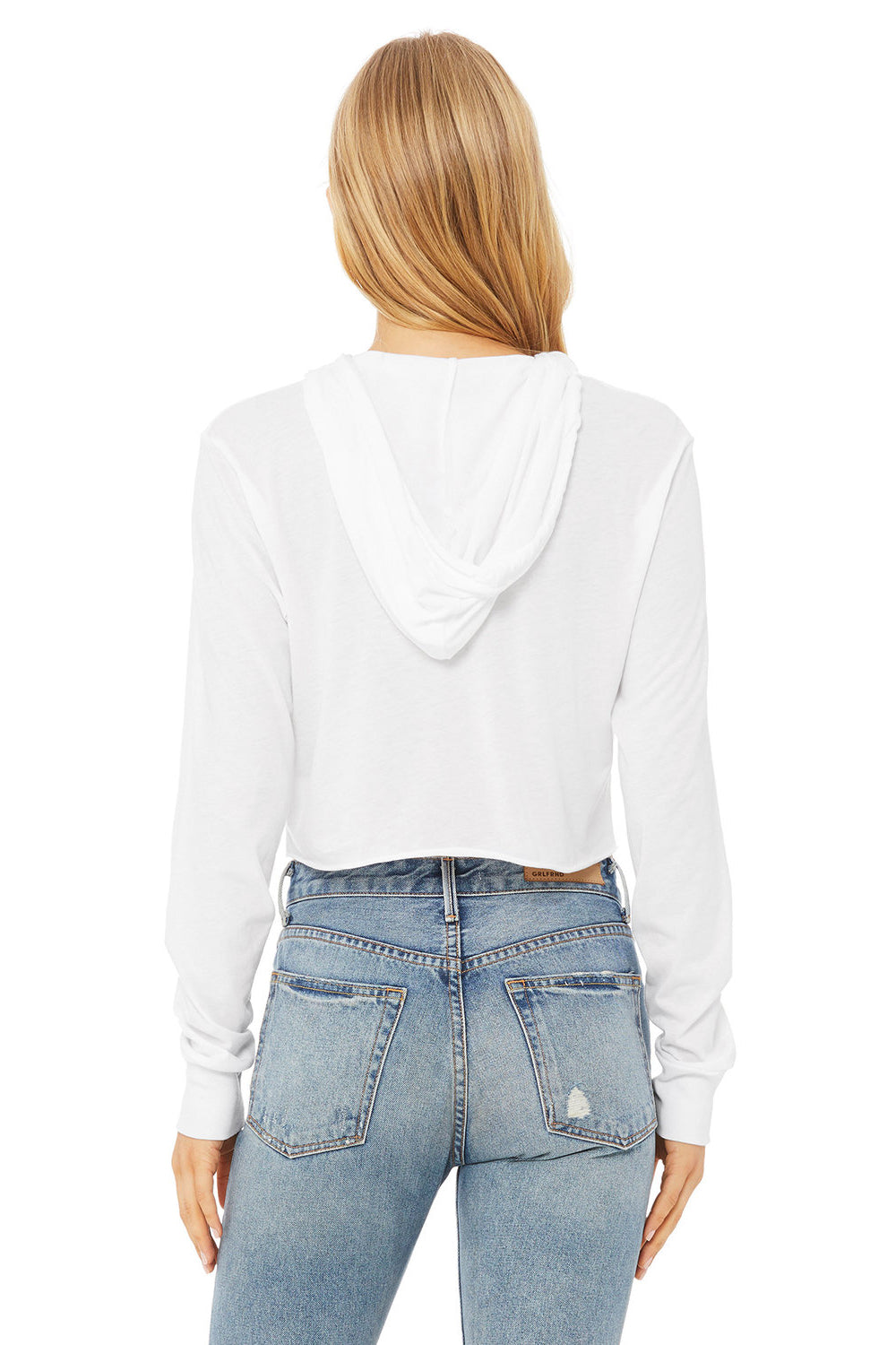 Bella + Canvas 8512 Womens Crop Long Sleeve Hooded Sweatshirt Hoodie Solid White Model Back