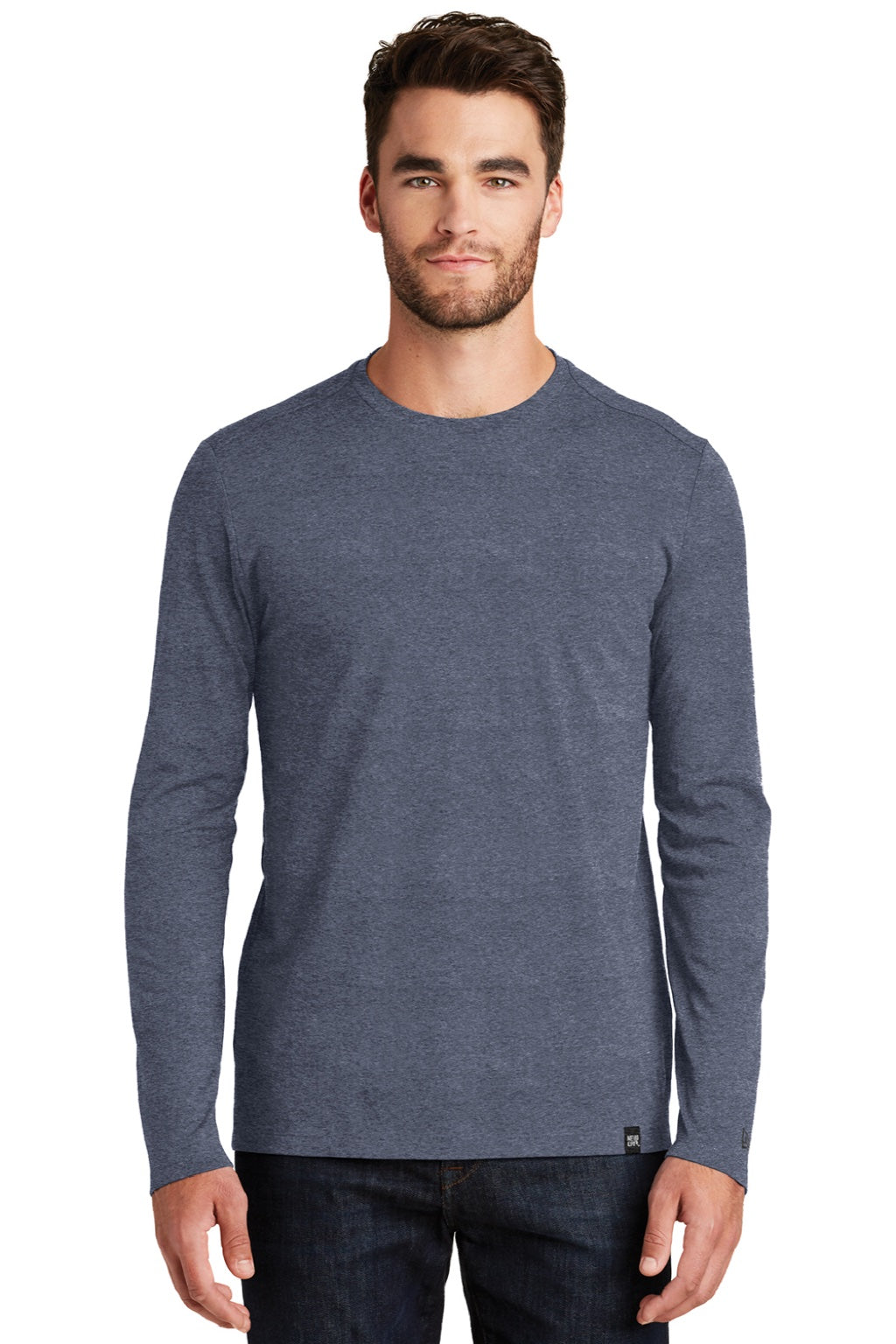 New Era NEA102 Mens Heritage Long Sleeve Crewneck T-Shirt Heather True Navy Blue Model Front
