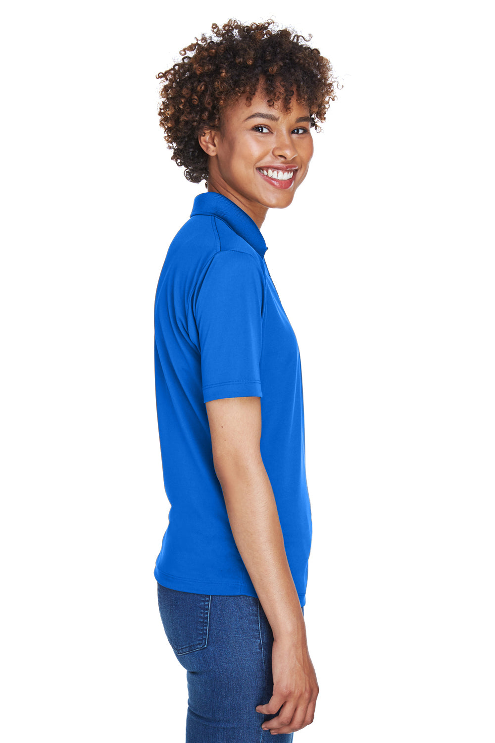 UltraClub 8610L Womens Cool & Dry 8 Star Elite Performance Moisture Wicking Short Sleeve Polo Shirt Royal Blue Model Side