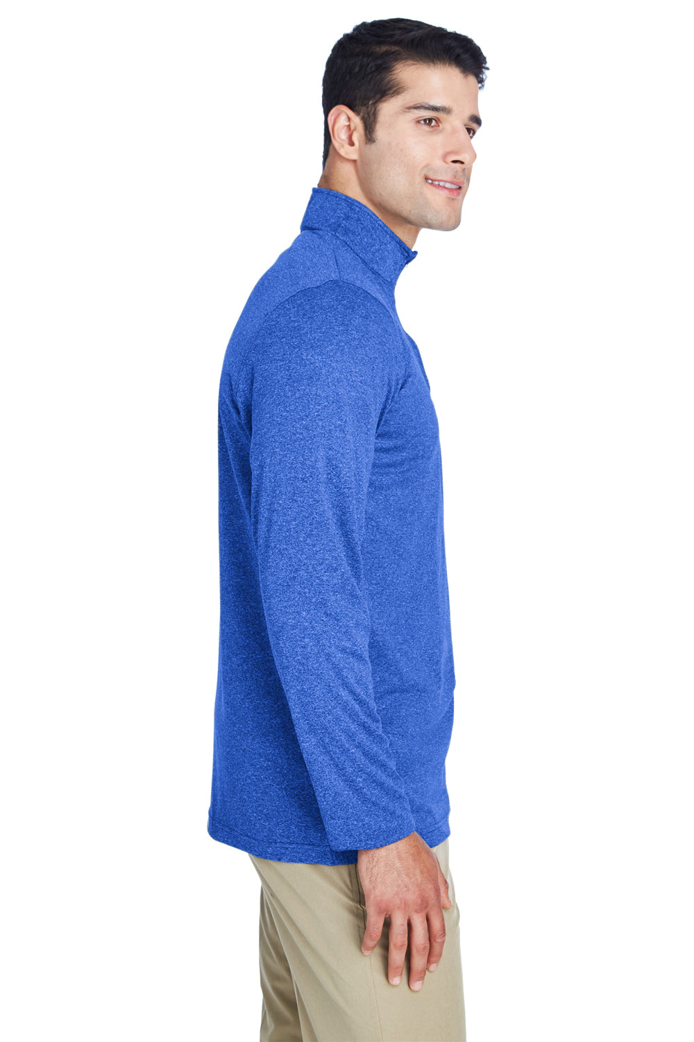 UltraClub 8618 Mens Heather Cool & Dry Performance Moisture Wicking 1/4 Zip Sweatshirt Heather Royal Blue Model Side