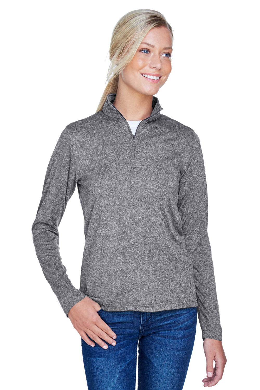 UltraClub 8618W Womens Heather Cool & Dry Performance Moisture Wicking 1/4 Zip Sweatshirt Heather Charcoal Grey Model Front