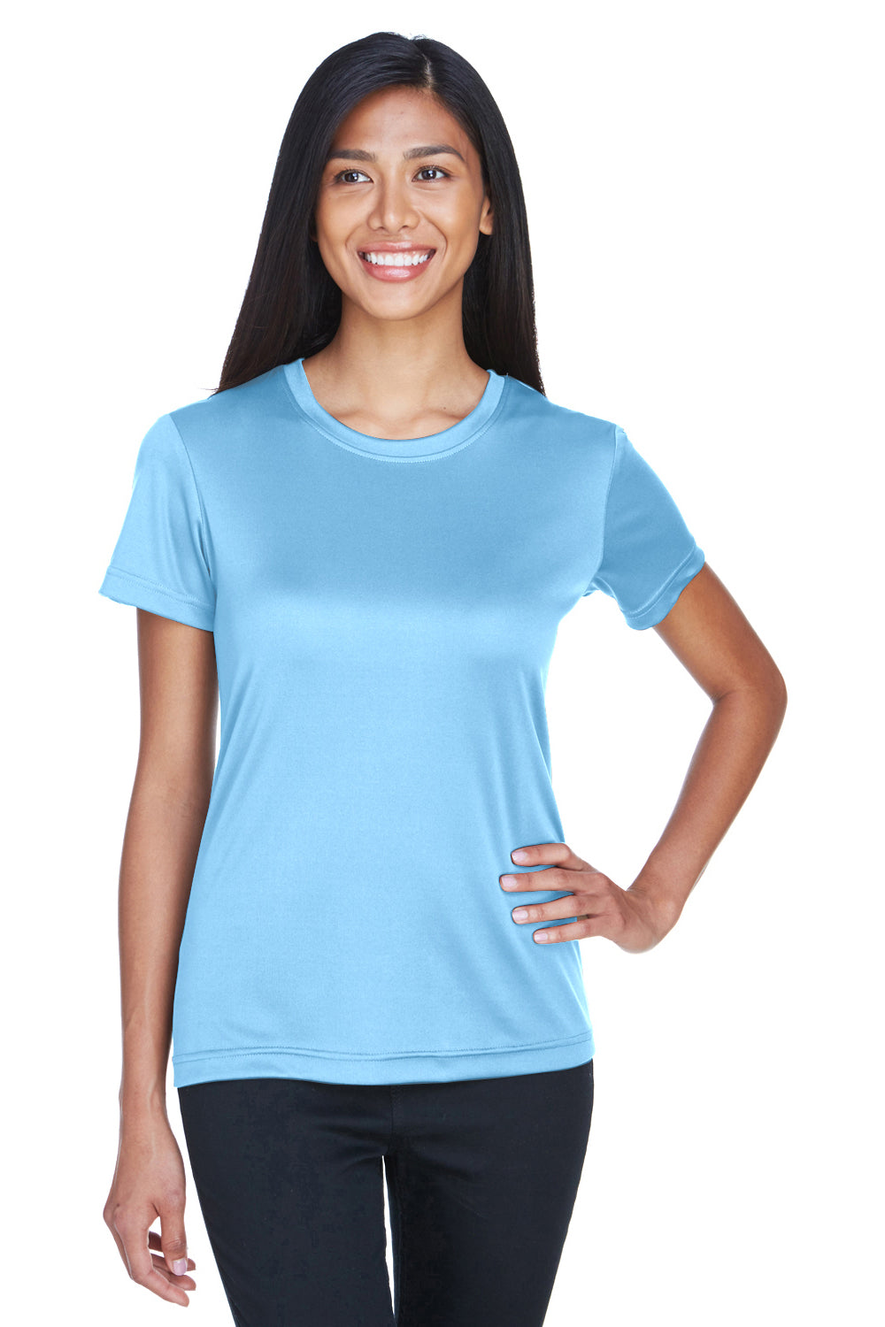 UltraClub 8620L Womens Cool & Dry Performance Moisture Wicking Short Sleeve Crewneck T-Shirt Columbia Blue Model Front
