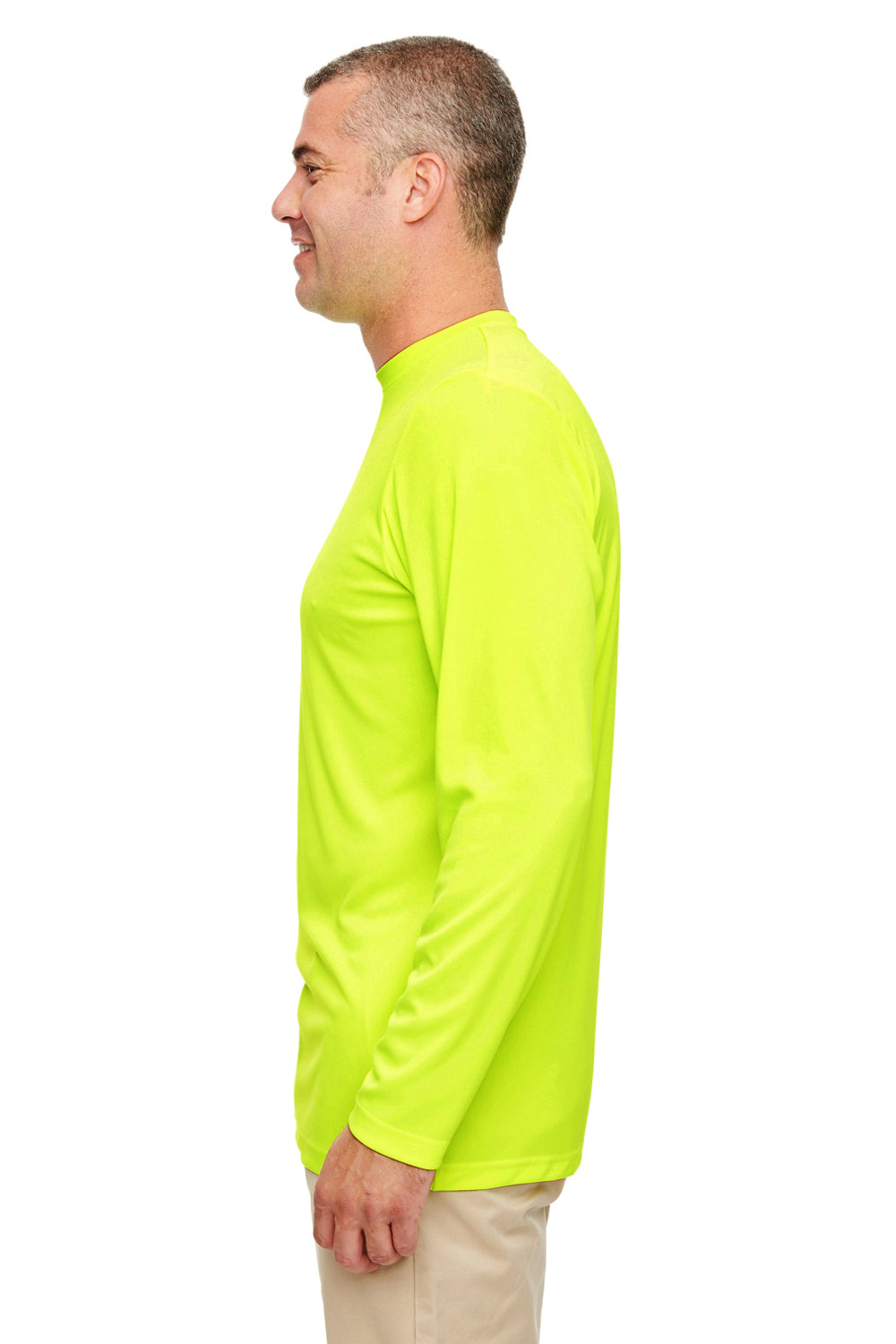 UltraClub 8622 Mens Cool & Dry Performance Moisture Wicking Long Sleeve Crewneck T-Shirt Bright Yellow Model Side