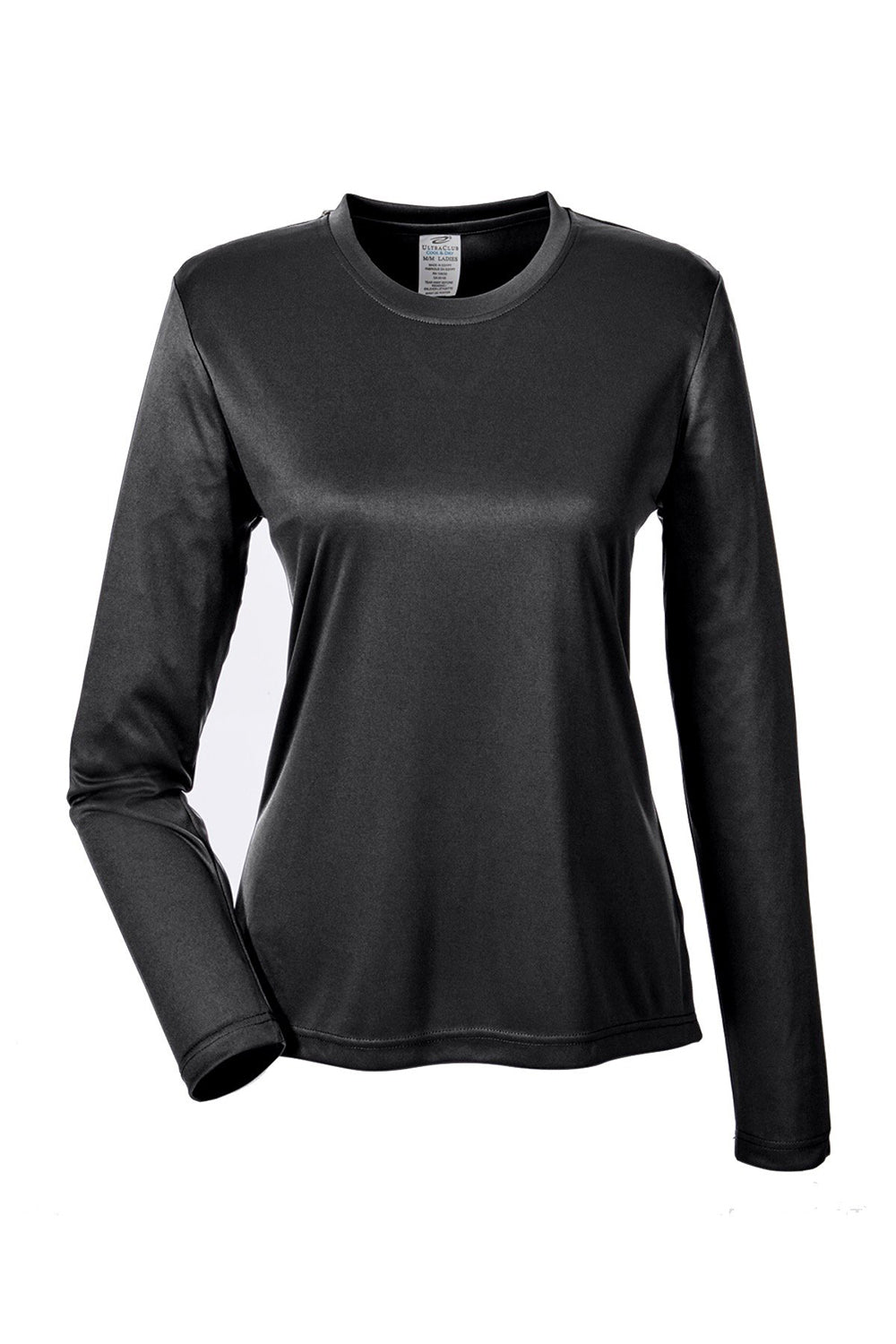 UltraClub 8622W Womens Cool & Dry Performance Moisture Wicking Long Sleeve Crewneck T-Shirt Black Flat Front