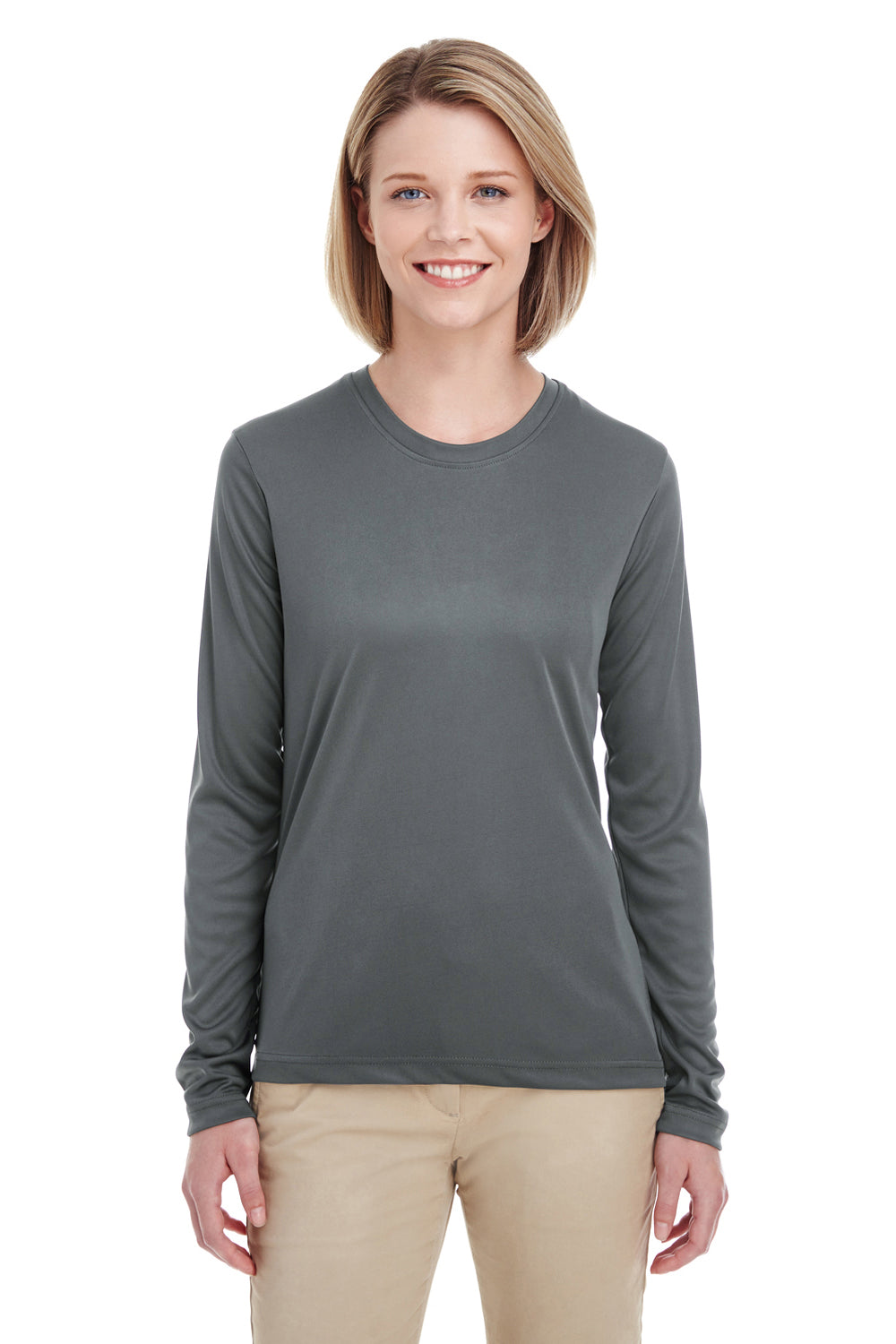 UltraClub 8622W Womens Cool & Dry Performance Moisture Wicking Long Sleeve Crewneck T-Shirt Charcoal Grey Model Front