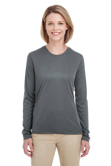 UltraClub 8622W Womens Cool & Dry Performance Moisture Wicking Long Sleeve Crewneck T-Shirt Charcoal Grey Model Front
