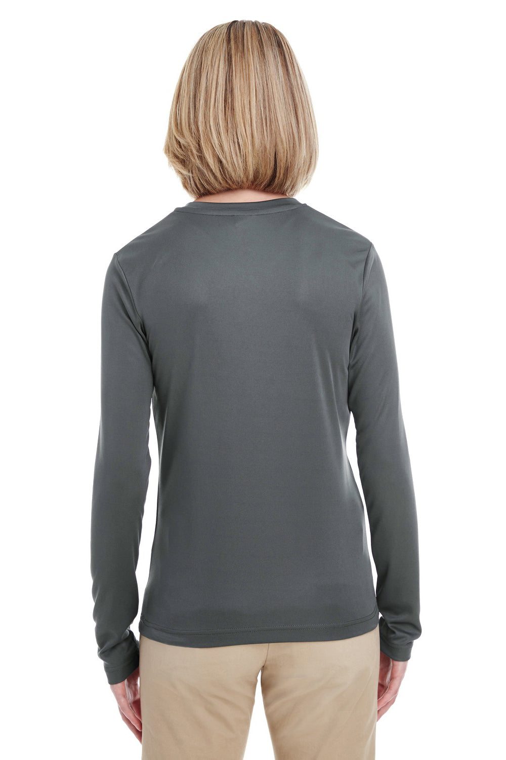 UltraClub 8622W Womens Cool & Dry Performance Moisture Wicking Long Sleeve Crewneck T-Shirt Charcoal Grey Model Back