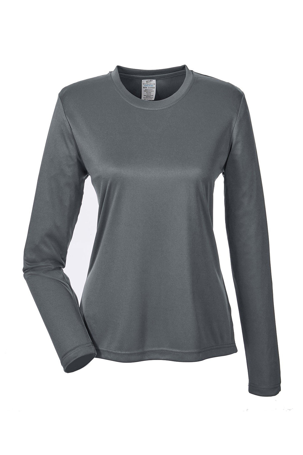 UltraClub 8622W Womens Cool & Dry Performance Moisture Wicking Long Sleeve Crewneck T-Shirt Charcoal Grey Flat Front
