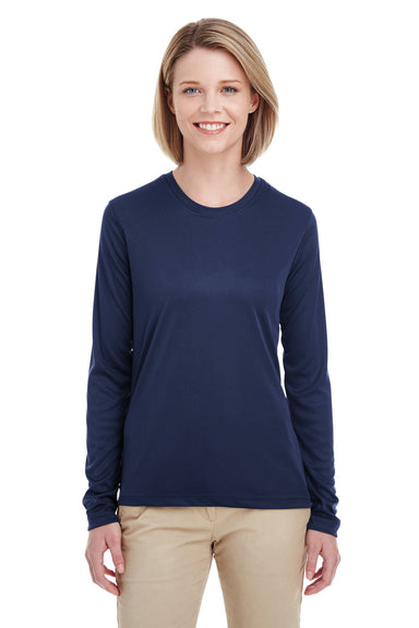 UltraClub 8622W Womens Cool & Dry Performance Moisture Wicking Long Sleeve Crewneck T-Shirt Navy Blue Model Front
