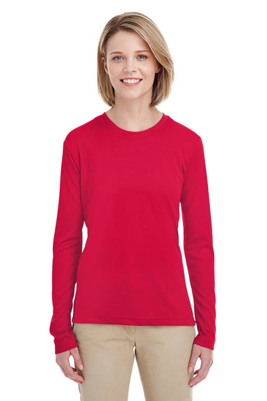 UltraClub 8622W Womens Cool & Dry Performance Moisture Wicking Long Sleeve Crewneck T-Shirt Red Model Front