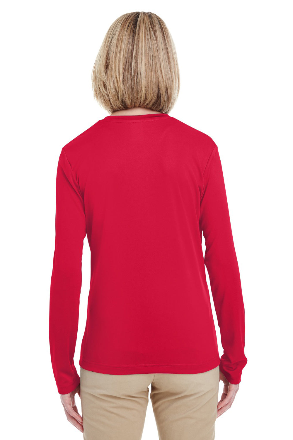 UltraClub 8622W Womens Cool & Dry Performance Moisture Wicking Long Sleeve Crewneck T-Shirt Red Model Back