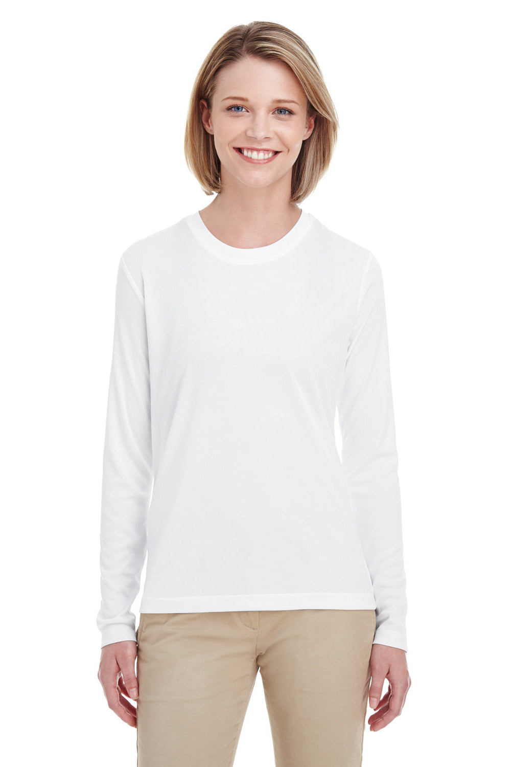 UltraClub 8622W Womens Cool & Dry Performance Moisture Wicking Long Sleeve Crewneck T-Shirt White Model Front