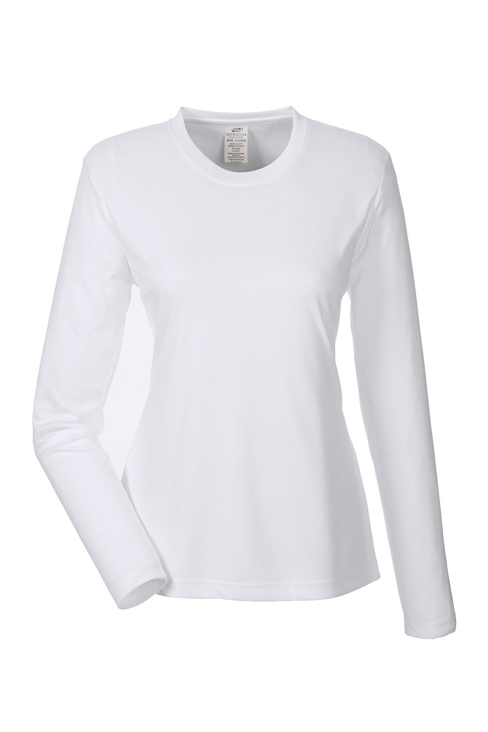 UltraClub 8622W Womens Cool & Dry Performance Moisture Wicking Long Sleeve Crewneck T-Shirt White Flat Front