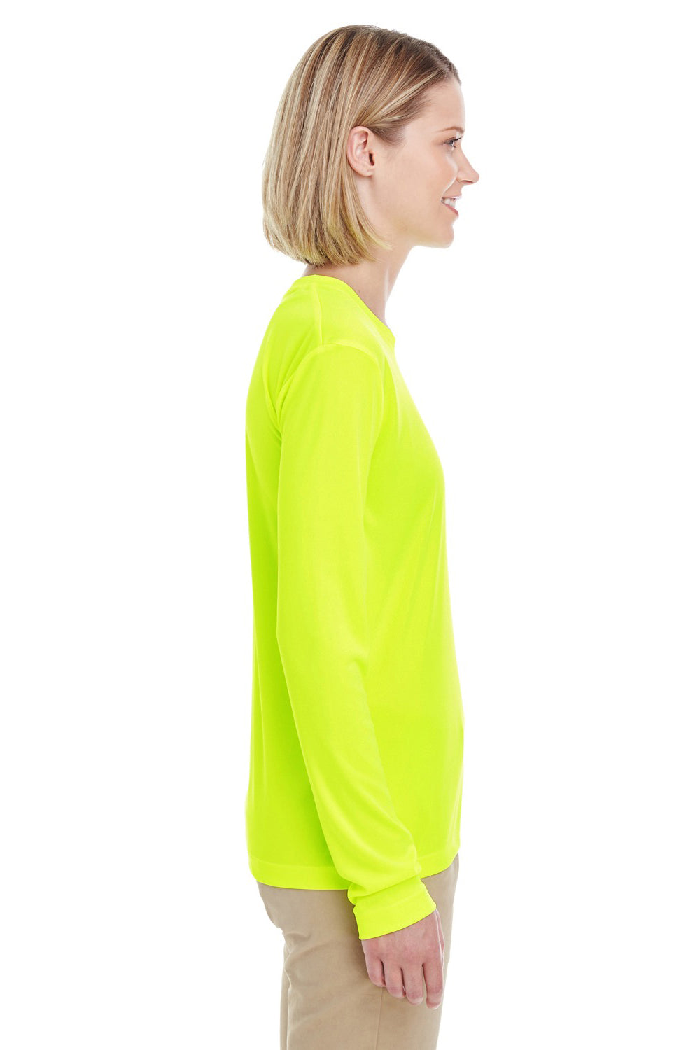 UltraClub 8622W Womens Cool & Dry Performance Moisture Wicking Long Sleeve Crewneck T-Shirt Bright Yellow Model Side