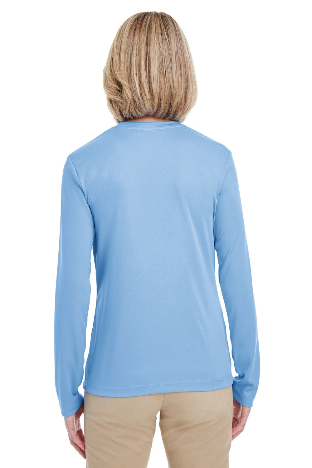 UltraClub 8622W Womens Cool & Dry Performance Moisture Wicking Long Sleeve Crewneck T-Shirt Columbia Blue Model Back