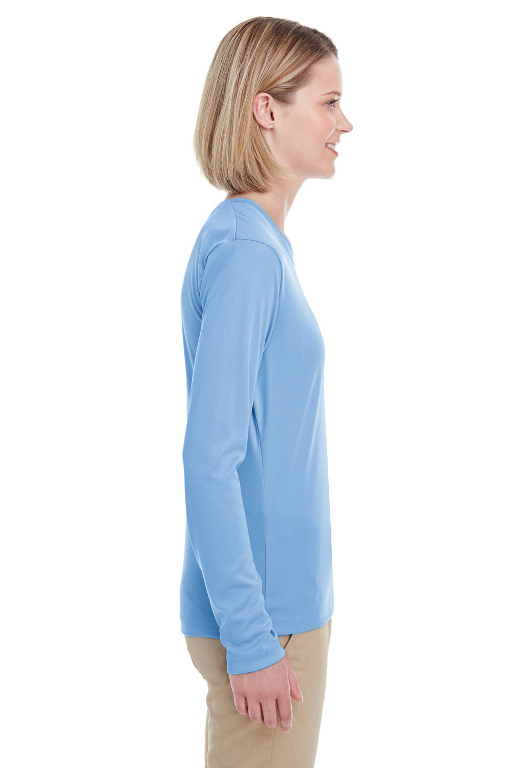 UltraClub 8622W Womens Cool & Dry Performance Moisture Wicking Long Sleeve Crewneck T-Shirt Columbia Blue Model Side