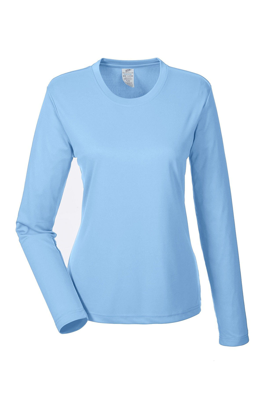 UltraClub 8622W Womens Cool & Dry Performance Moisture Wicking Long Sleeve Crewneck T-Shirt Columbia Blue Flat Front