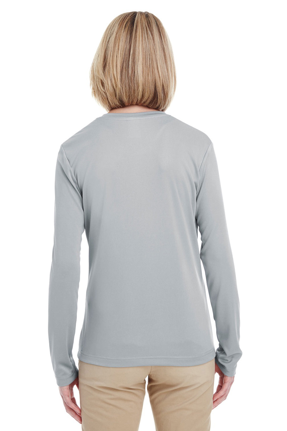 UltraClub 8622W Womens Cool & Dry Performance Moisture Wicking Long Sleeve Crewneck T-Shirt Grey Model Back