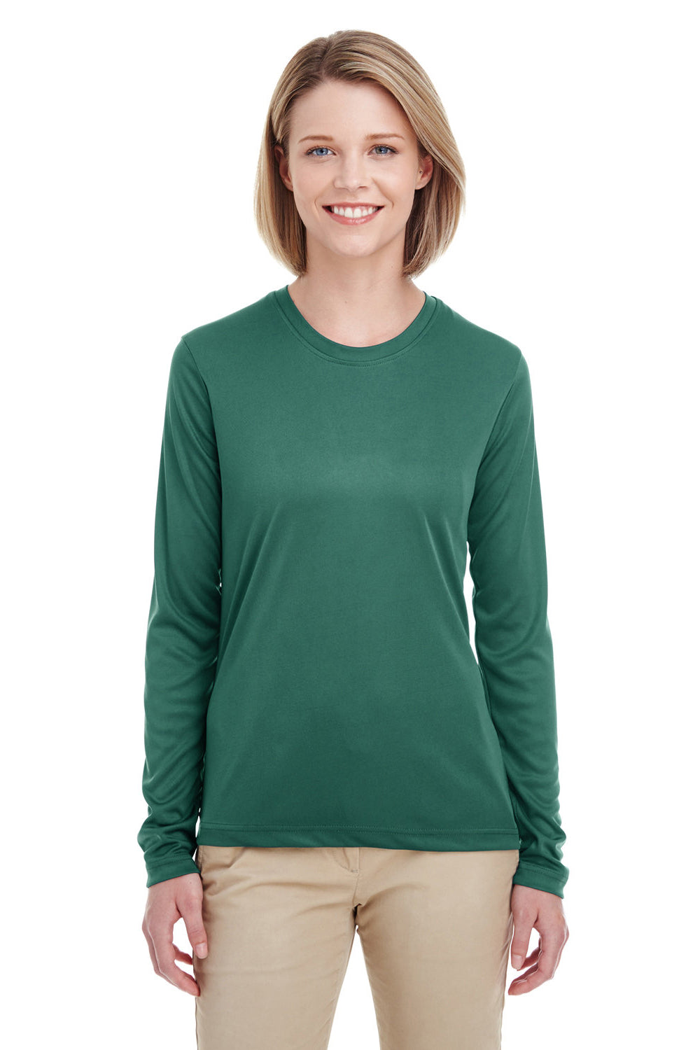 UltraClub 8622W Womens Cool & Dry Performance Moisture Wicking Long Sleeve Crewneck T-Shirt Forest Green Model Front