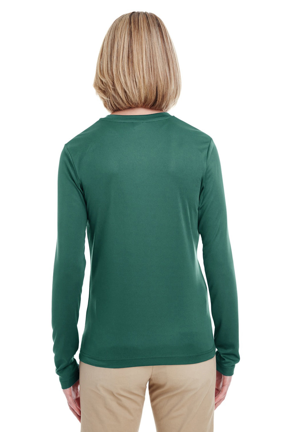 UltraClub 8622W Womens Cool & Dry Performance Moisture Wicking Long Sleeve Crewneck T-Shirt Forest Green Model Back