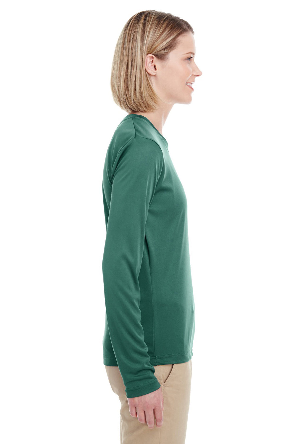UltraClub 8622W Womens Cool & Dry Performance Moisture Wicking Long Sleeve Crewneck T-Shirt Forest Green Model Side