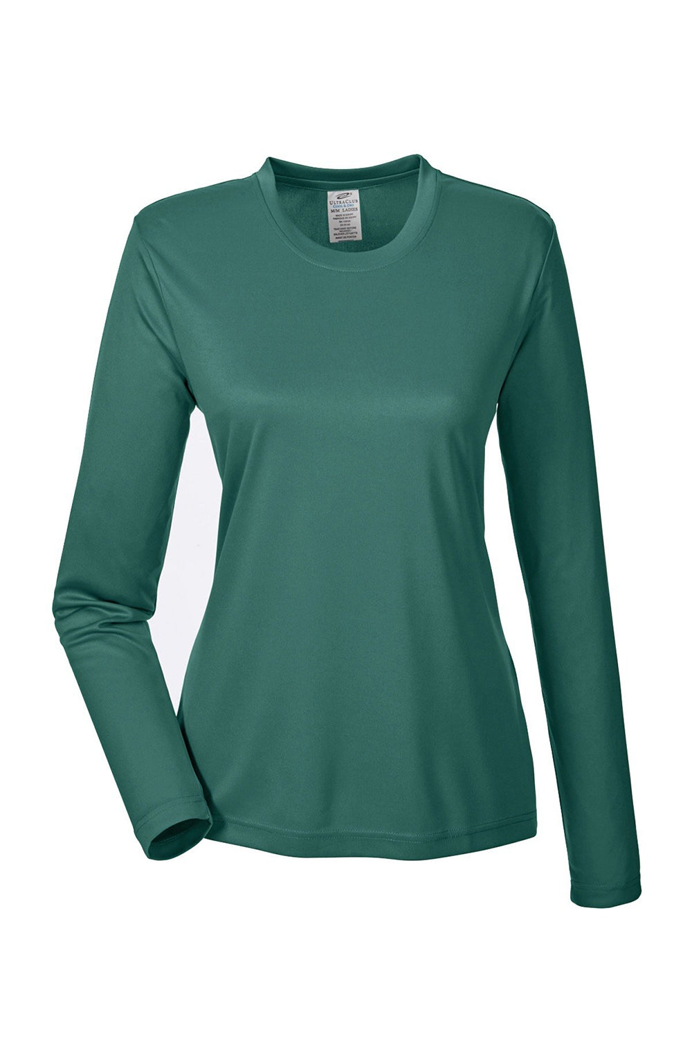 UltraClub 8622W Womens Cool & Dry Performance Moisture Wicking Long Sleeve Crewneck T-Shirt Forest Green Flat Front
