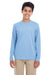 UltraClub 8622Y Youth Cool & Dry Performance Moisture Wicking Long Sleeve Crewneck T-Shirt Columbia Blue Model Front