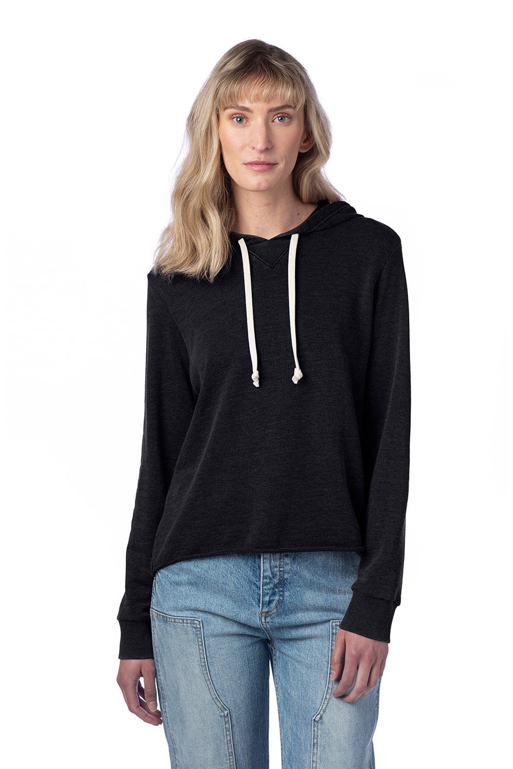 Alternative 8628 Womens Day Off Mineral Wash Hooded Sweatshirt Hoodie Black Model Front