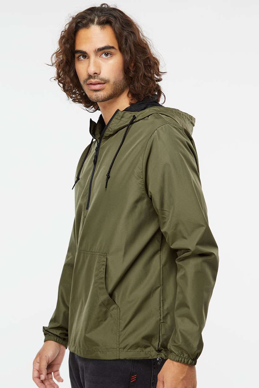 Independent Trading Company EXP54LWP Mens Water Resistant 1/4 Zip Windbreaker Hooded Jacket Army Green Model Side