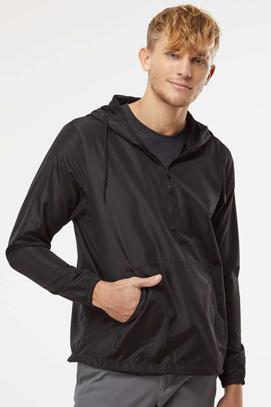 Independent Trading Company EXP54LWP Mens Water Resistant 1/4 Zip Windbreaker Hooded Jacket Black Model Front