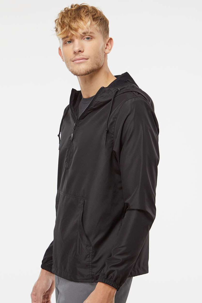 Independent Trading Company EXP54LWP Mens Water Resistant 1/4 Zip Windbreaker Hooded Jacket Black Model Side