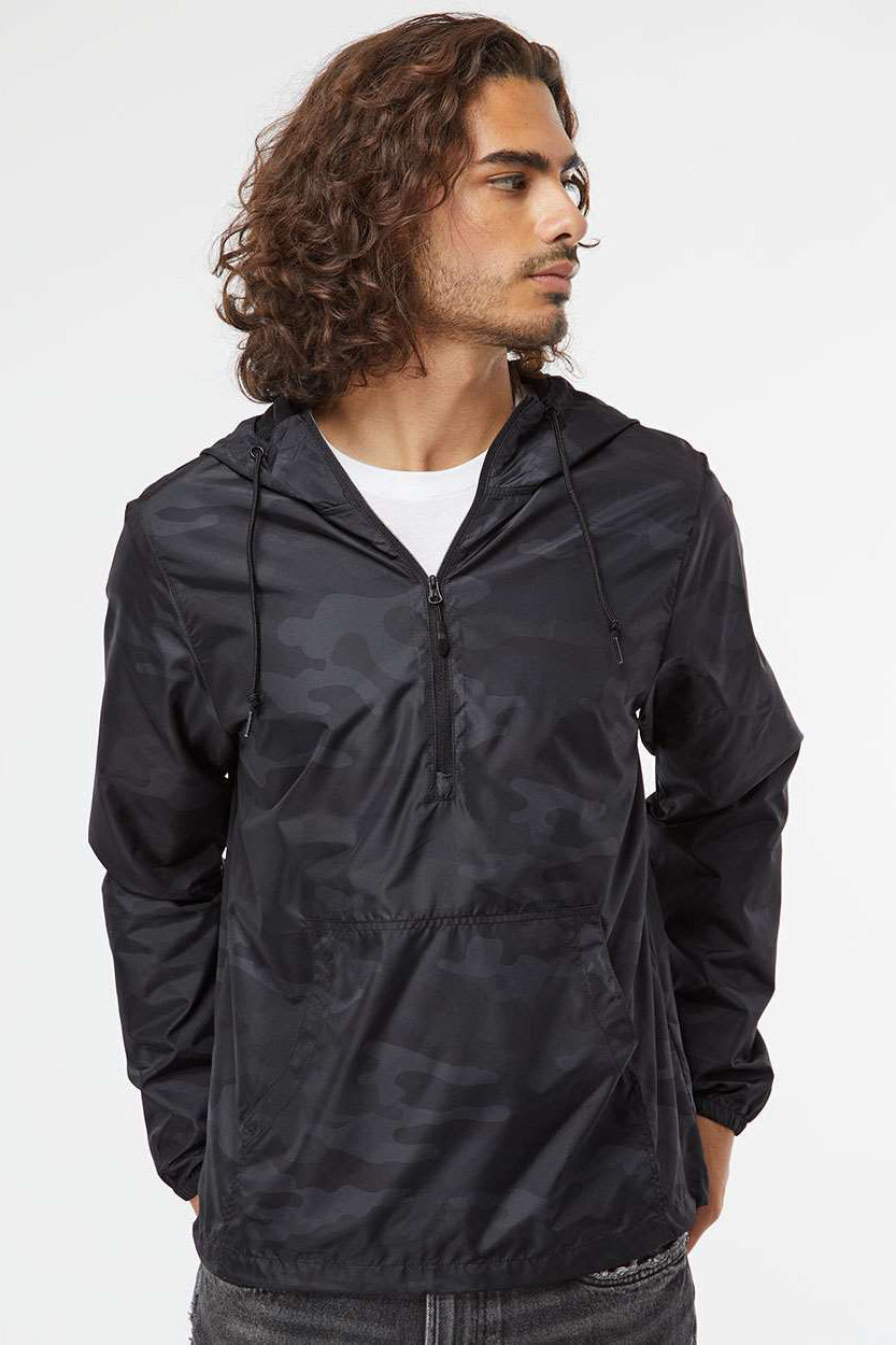 Independent Trading Company EXP54LWP Mens Water Resistant 1/4 Zip Windbreaker Hooded Jacket Black Camo Model Front